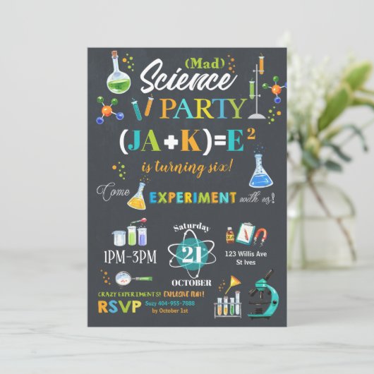Mad Science Party verjaardagsuitnodiging jongen Kaart (Staand voorkant)