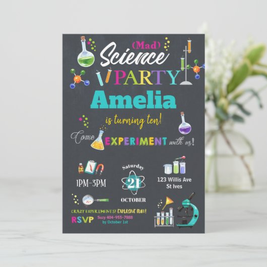 Mad Science Party verjaardagsuitnodiging meisje Kaart (Staand voorkant)