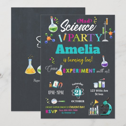 Mad Science Party verjaardagsuitnodiging meisje Kaart (Voorkant / Achterkant)