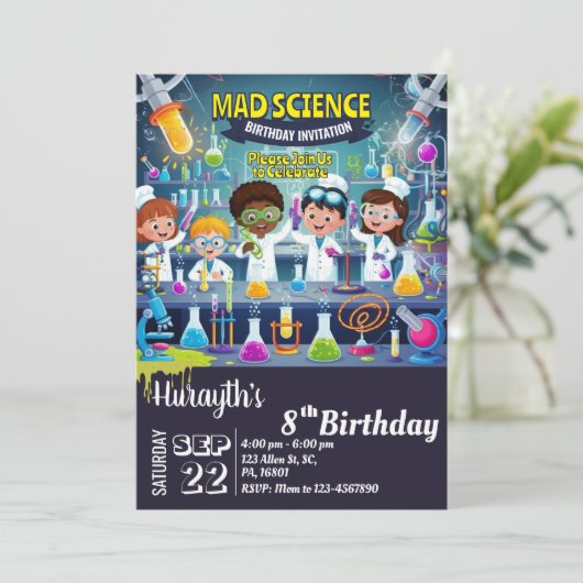 Mad Science verjaardagsuitnodiging voor jongen en Kaart (Staand voorkant)
