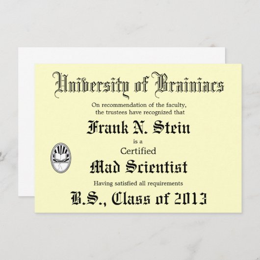 Mad Scientist Diploma Joke-uitnodiging Kaart (Voorkant / Achterkant)
