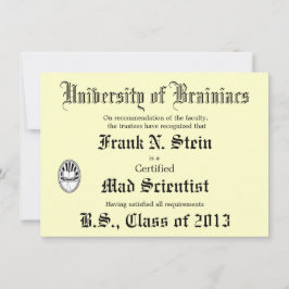 Mad Scientist Diploma Joke-uitnodiging Kaart