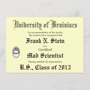Mad Scientist Diploma Joke-uitnodiging Kaart