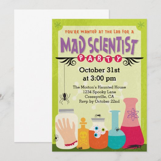 Mad Scientist Party Kaart (Voorkant / Achterkant)