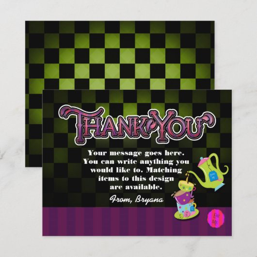 MAD TEA PARTY Wonderland Verjaardag BEDANKT KAART (Voorkant / Achterkant)