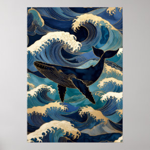 Madagaskar Oceaan Walvis - Blauwe & Gouden Golven Poster