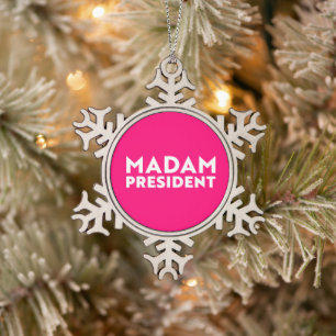 Madam President moderne typografie wit heet roze Tin Sneeuwvlok Ornament