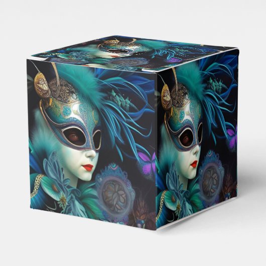 Madame Masquerade Blauwgroen Cube Bedankdoosjes (Voorkant Zijde)