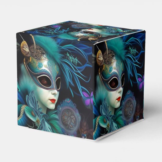 Madame Masquerade Blauwgroen Cube Bedankdoosjes (Achterkant)