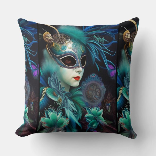 Madame Masquerade Blauwgroen Kussen (Voorkant)