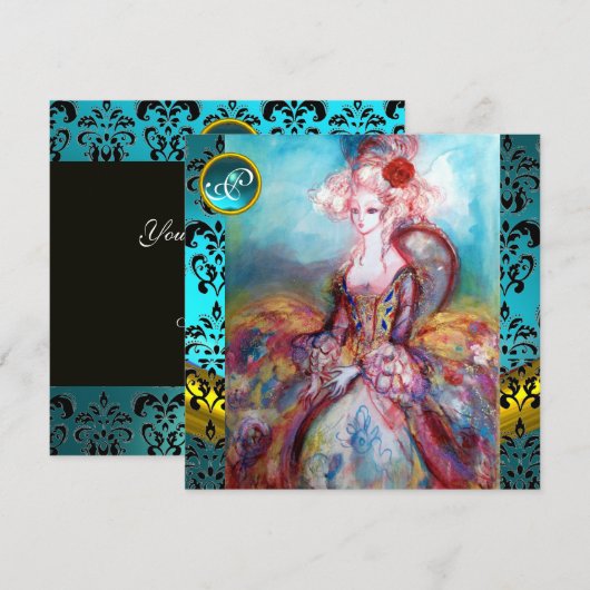 MADAME POMPADOUR, BLAUWE ZWARTE DAMASKSTROOMMONOGR KAART (Voorkant / Achterkant)