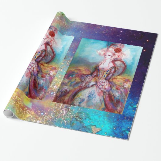 MADAME POMPADOUR / Bright Gold Blue Sparkles Cadeaupapier (Uitgerold)