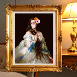 Madame Rimsky met twee bloemen Foto Afdruk<br><div class="desc">Pop art remix van een vintage schilderij van een vrouw met twee bloemen in haar haren die een roze kauwgomblaas blaast</div>