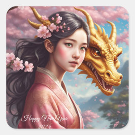 Mädchen zwischen Kirschblüten  Vierkante Sticker