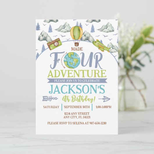 Made Four Adventure 4e verjaardagsuitnodiging Kaart (Staand voorkant)