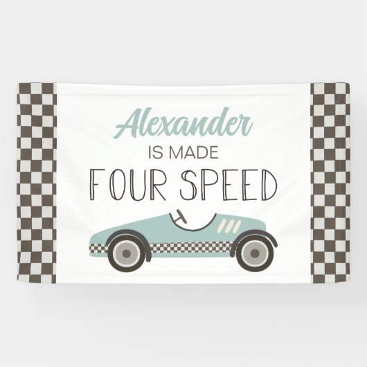 Made FOUR Speed Blauwe Raceauto 4e Verjaardag Bann Spandoek (Horizontaal)