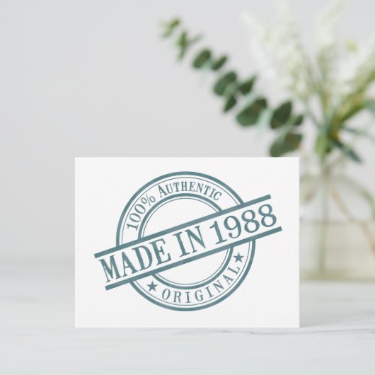 Made in 1988, geboortejaar, rondrubberzegel Logo Briefkaart (Staand voorkant)