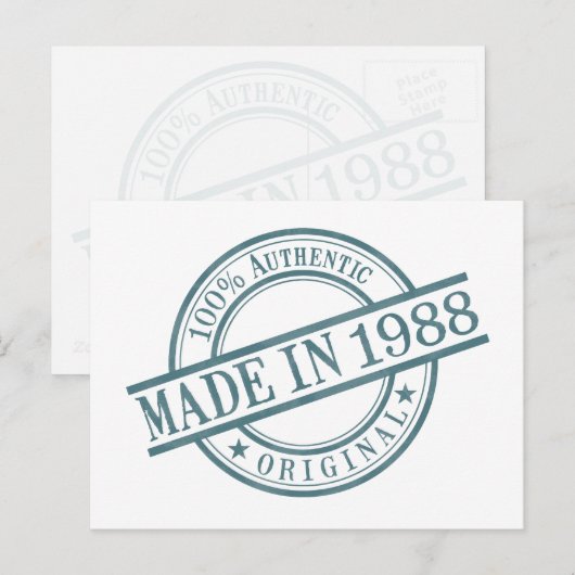 Made in 1988, geboortejaar, rondrubberzegel Logo Briefkaart (Voorkant / Achterkant)