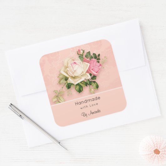 Made met liefdesroze & White Rose Bouquet Vierkante Sticker (Envelop)