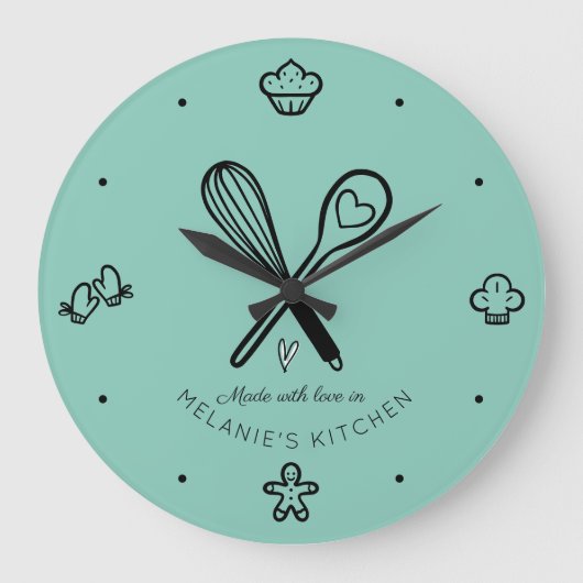 Made met Love Cute Baking Whisk Blauwgroen Blue Grote Klok (Voorkant)