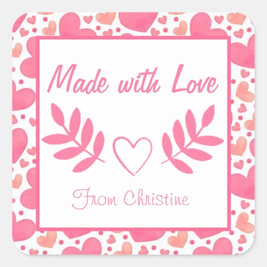 Made met Valentijn van de Liefde Harten Vierkantje Vierkante Sticker (Voorkant)