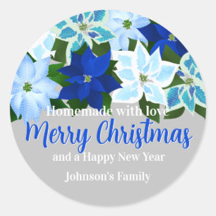 Made with Love - Blue Poinsettia Kerstmis Ronde Sticker