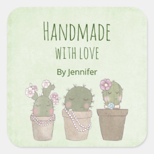 Made with Love Cute Cactus Trio Wearing Jewelry Vierkante Sticker
