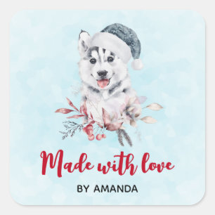 Made with Love Kerstman Husky Dog in a Santa Hat Vierkante Sticker