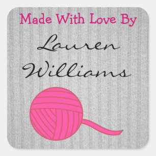 Made with Love Round Roze Ball of Yarn Grey Knit Vierkante Sticker