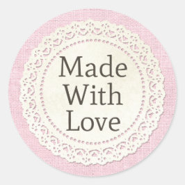 Made with Love Rustic Country Lace Doily on Burlap Ronde Sticker