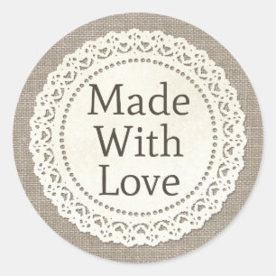 Made with Love Rustic Country Lace Doily on Burlap Ronde Sticker