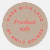 Made with Love | Rustic Kraft Modern Retro Red Ronde Sticker (Voorkant)