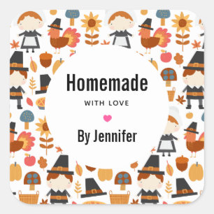 Made with Love Thanksgiving Pilgrims Pattern Vierkante Sticker