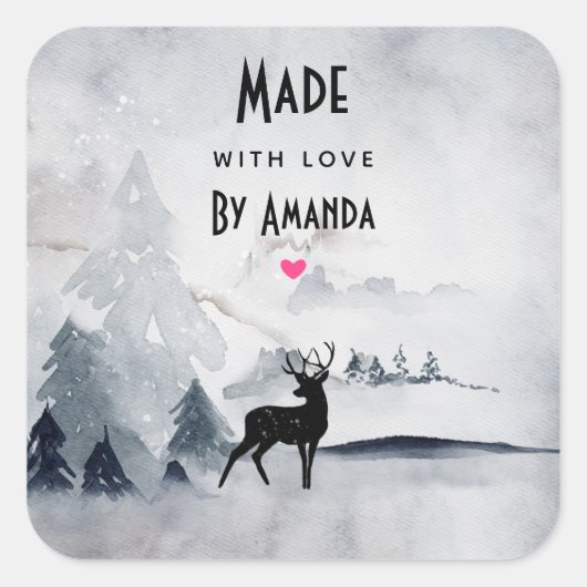 Made with Love Winter Reindeer Rustic Waterverf Vierkante Sticker (Voorkant)