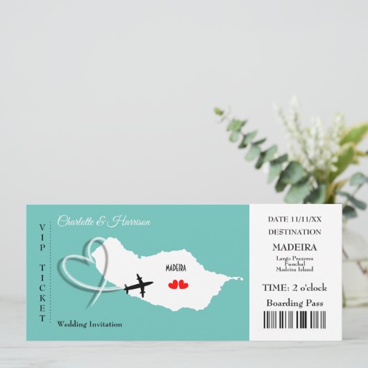 Madeira Wedding Destination Ticket Boarding Pass Kaart (Staand voorkant)