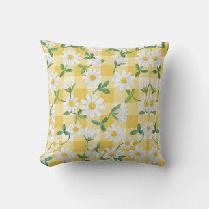 Madeliefje Bloem Geel Gingham Worpkussen – Vintage Kussen