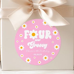 Madeliefje Bloem Vier Ooit Groovy 4de Verjaardagsf Ronde Sticker