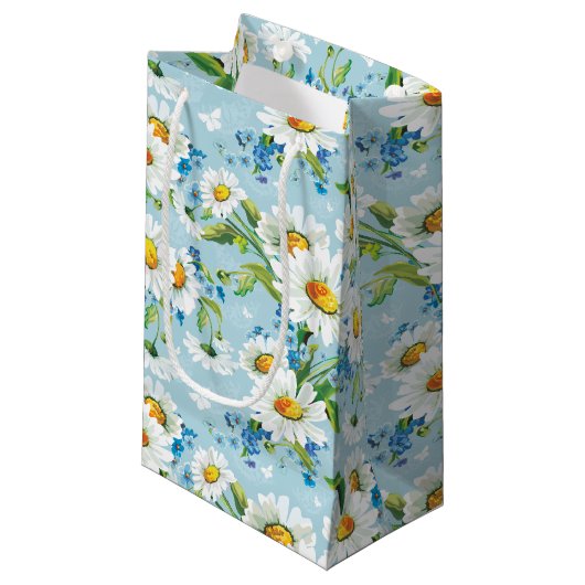Madeliefje op blauwe cadeautas (Voorkant Gekanteld)