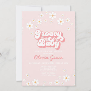 Madeliefje Roze Retro Groovy Baby Borrel Uitnodigi Kaart