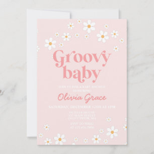 Madeliefje Roze Retro Groovy Babyshower Uitnodigin Kaart