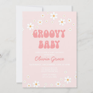 Madeliefje Roze Retro Groovy Babyshower Uitnodigin Kaart