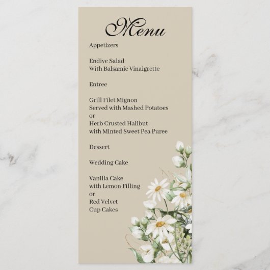 Madeliefje Wilde Bloem Boho Bruiloftsmenu Menu (Voorkant)