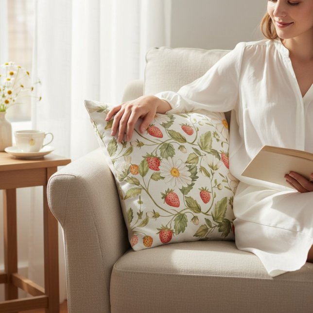 Madeliefjes Aardbeien Bloempatroon Cottagecore Kussen (Creator heeft geüpload)