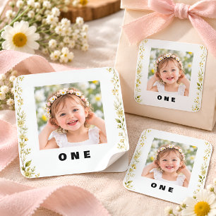 Madeliefjes Bloem Foto 1e Verjaardag Favor Sticker
