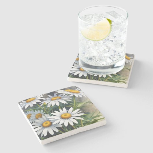 Madeliefjes Boeket Bloemen Elegante Aquarel Stenen Onderzetter (Zijkant)