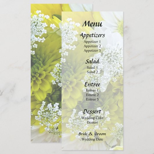 Madeliefjes, chrysanten en duizendknoop boeket menu (Voorkant / Achterkant)