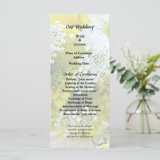 Madeliefjes-, chrysanten- en kaneelbloemboeket programmakaart (Staand voorkant)