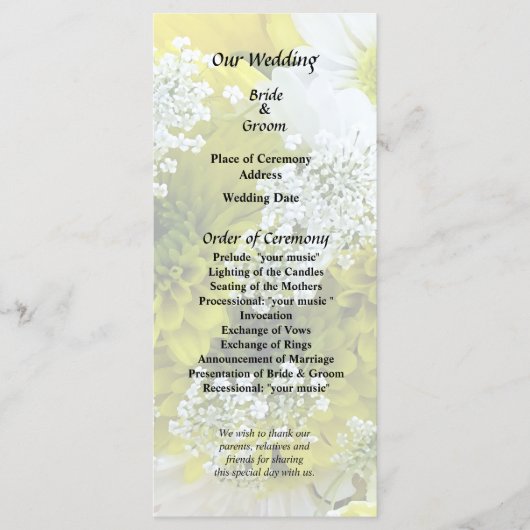 Madeliefjes, chrysanten en knoopsgat bouquet programmakaart (Voorkant)