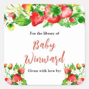 Madeliefjes en Aardbeien Baby Shower Ex-Libris Vierkante Sticker