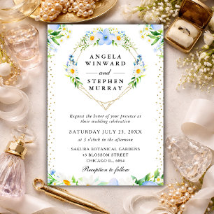 Madeliefjes en Blauwe Bloemen Hart Krans Bruiloft Kaart